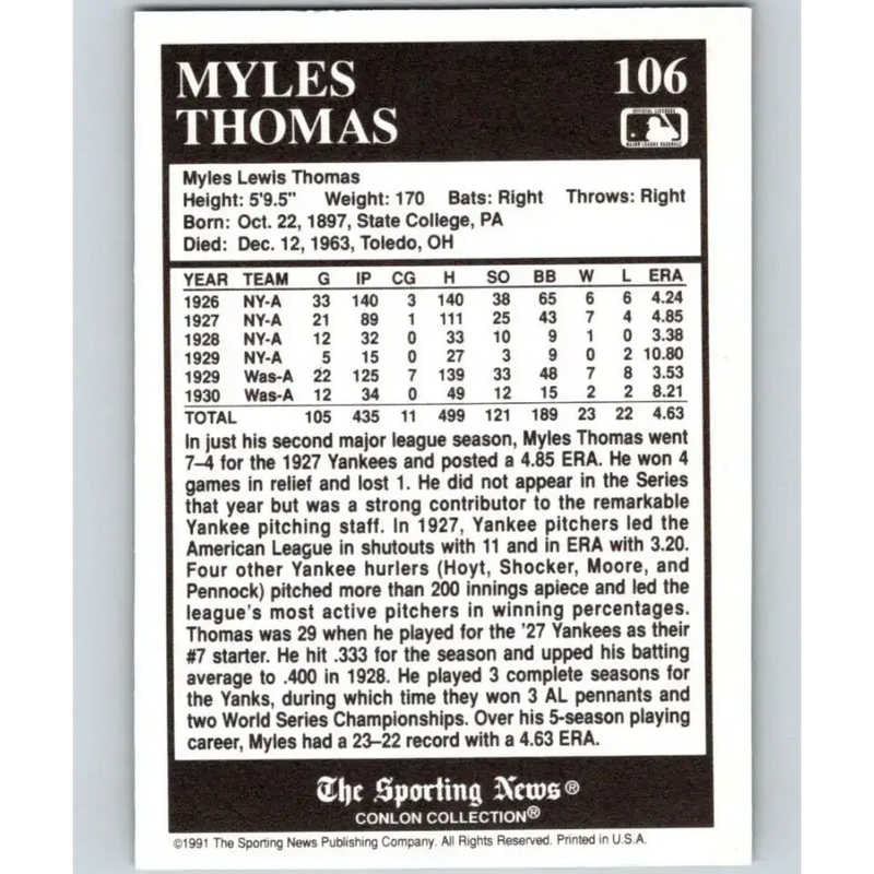 1991 Conlon Collection #106 Myles Thomas EX Excellent New York Yankees Baseball Card - Baseball Card Single