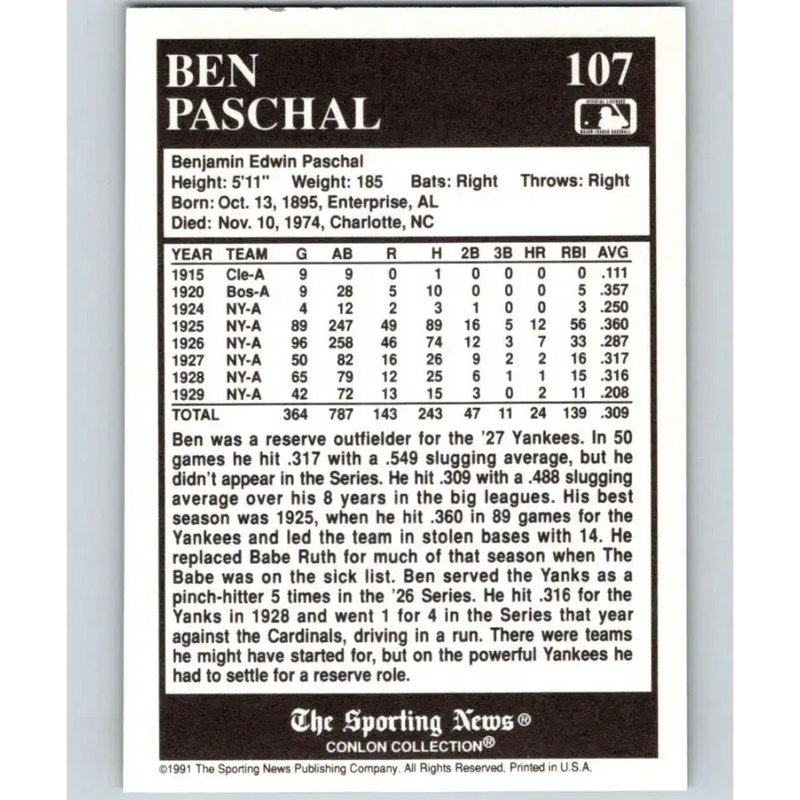 1991 Conlon Collection #107 Ben Paschal EX Excellent New York Yankees Baseball Card - Baseball Card Single