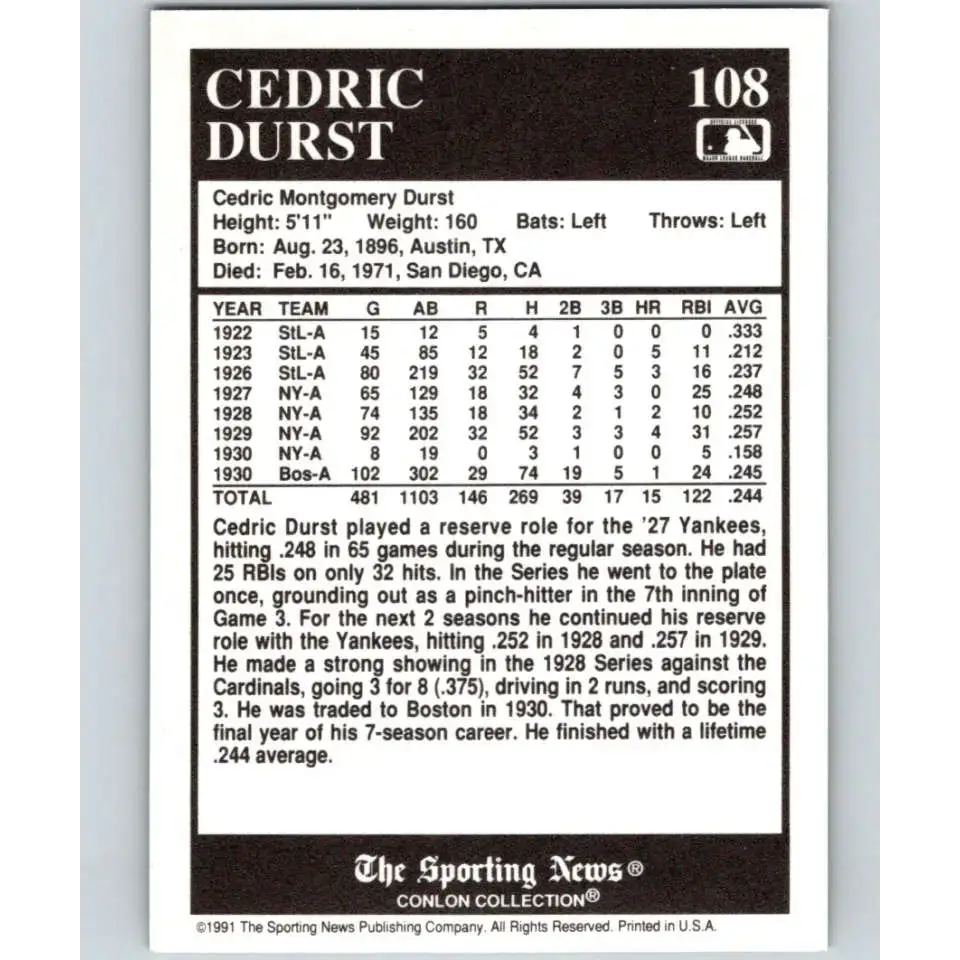1991 Conlon Collection #108 Cedric Durst EX Excellent New York Yankees Baseball Card - Baseball Card Single