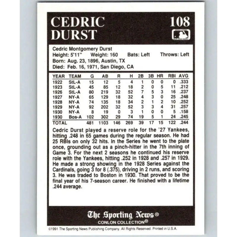 1991 Conlon Collection #108 Cedric Durst EX Excellent New York Yankees Baseball Card - Baseball Card Single