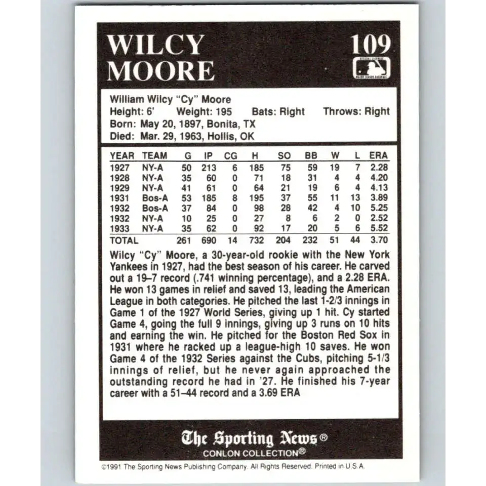 1991 Conlon Collection #109 Wilcy Moore EX Excellent New York Yankees Baseball Card - Baseball Card Single