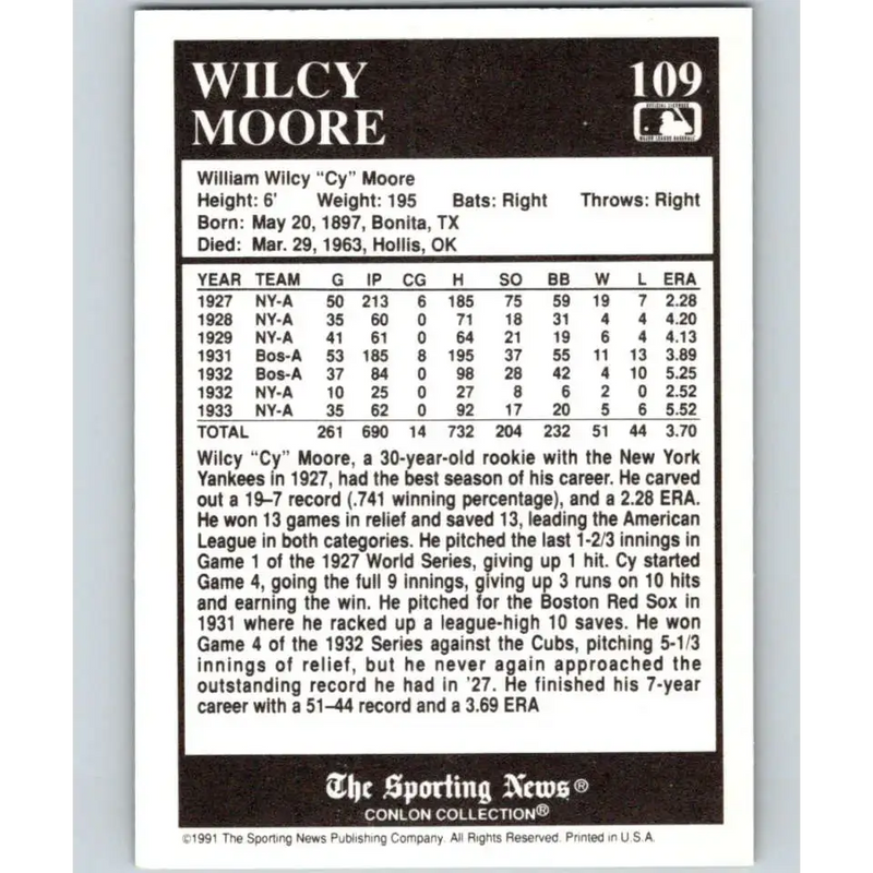 1991 Conlon Collection #109 Wilcy Moore EX Excellent New York Yankees Baseball Card - Baseball Card Single