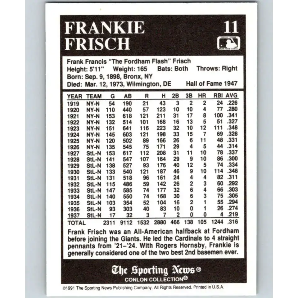1991 Conlon Collection #11 Frankie Frisch EX Excellent St. Louis Cardinals Baseball Card - Baseball Card Single