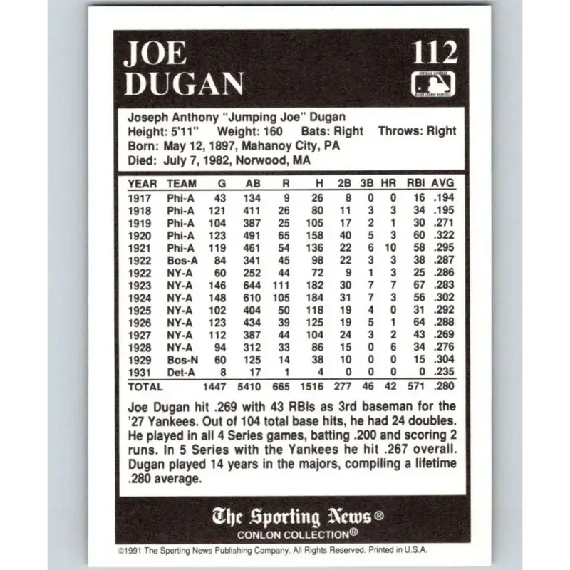 1991 Conlon Collection #112 Joe Dugan EX Excellent New York Yankees Baseball Card - Baseball Card Single