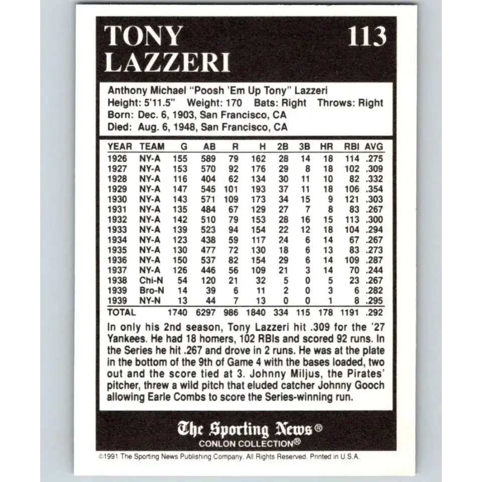 1991 Conlon Collection #113 Tony Lazzeri EX Excellent New York Yankees Baseball Card - Baseball Card Single