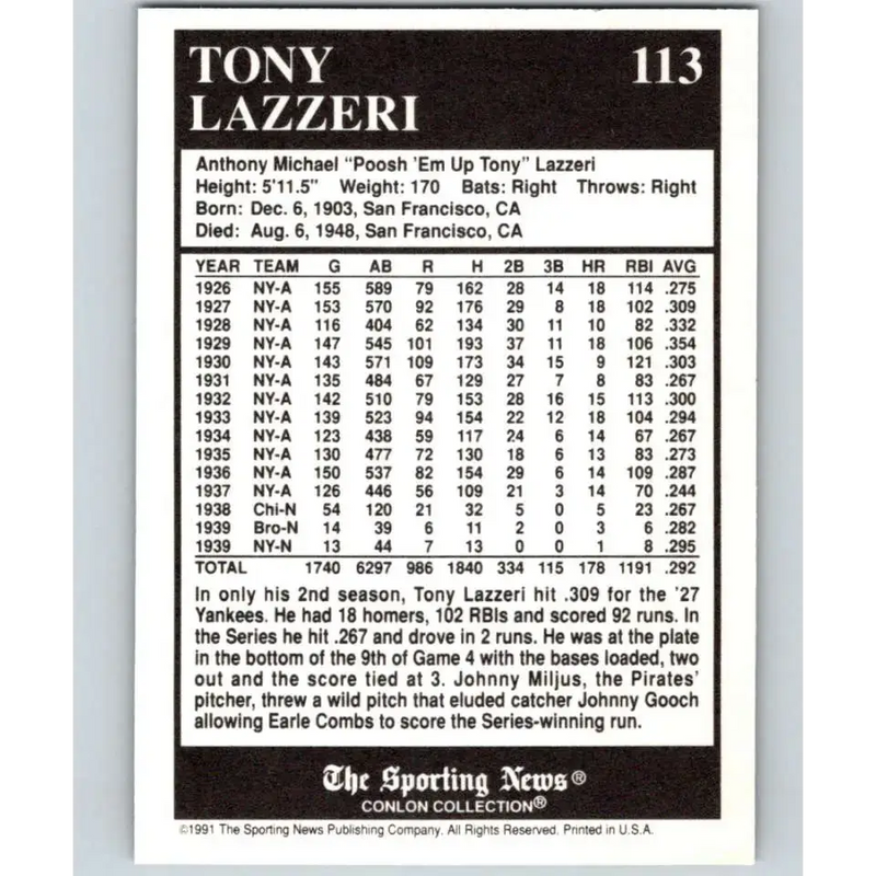 1991 Conlon Collection #113 Tony Lazzeri EX Excellent New York Yankees Baseball Card - Baseball Card Single