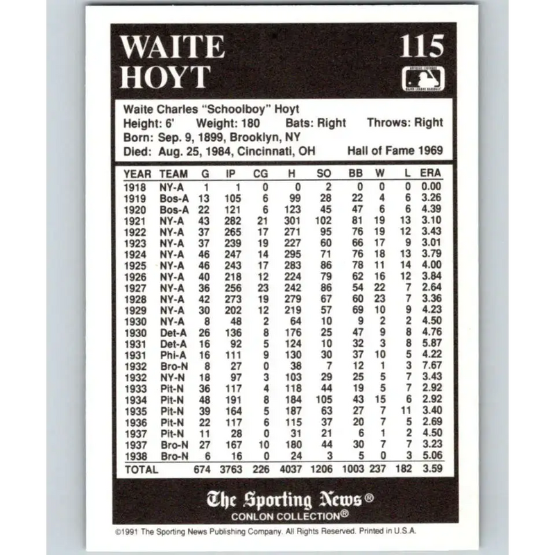 1991 Conlon Collection #115 Waite Hoyt EX Excellent New York Yankees Baseball Card - Baseball Card Single