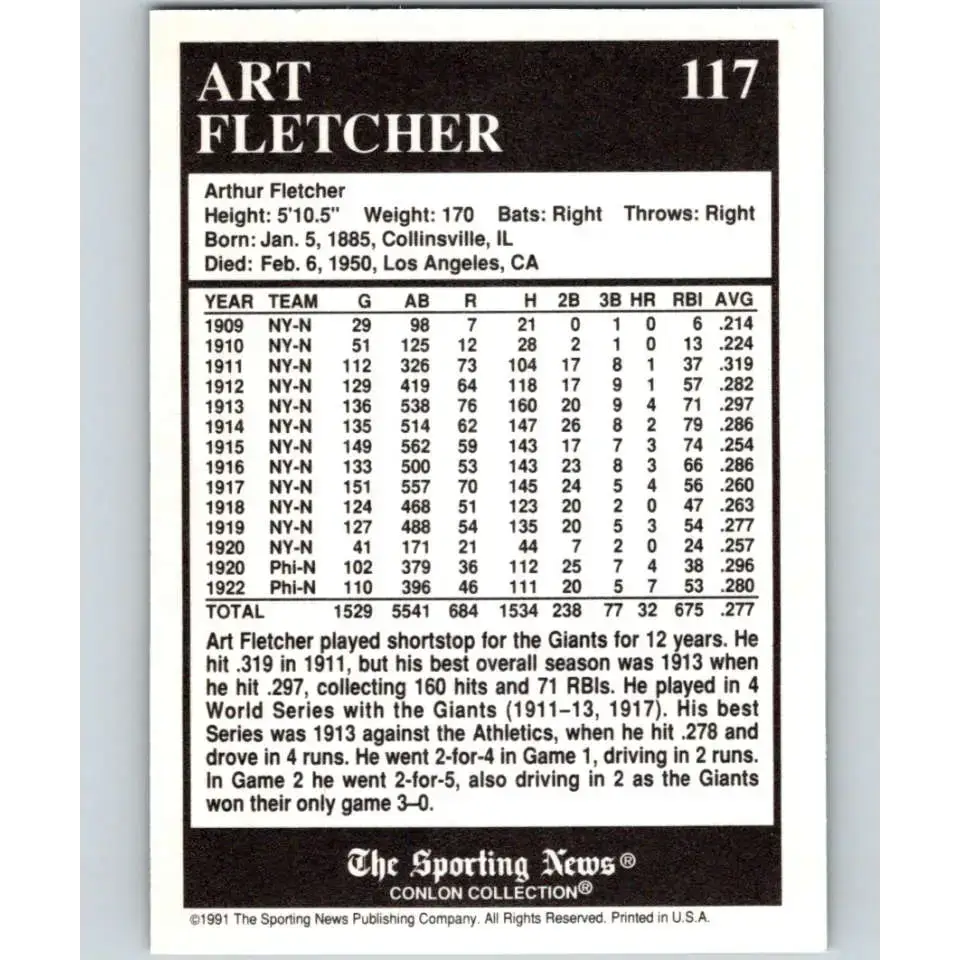 1991 Conlon Collection #117 Art Fletcher/’27NY EX Excellent New York Yankees Baseball Card - Baseball Card Single