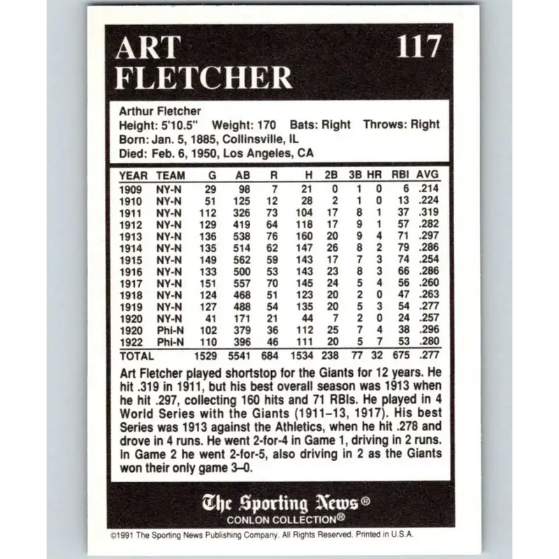 1991 Conlon Collection #117 Art Fletcher/’27NY EX Excellent New York Yankees Baseball Card - Baseball Card Single