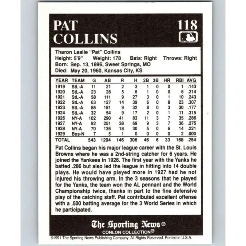 1991 Conlon Collection #118 Pat Collins EX Excellent New York Yankees Baseball Card - Baseball Card Single