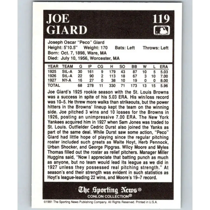 1991 Conlon Collection #119 Joe Giard EX Excellent New York Yankees Baseball Card - Baseball Card Single