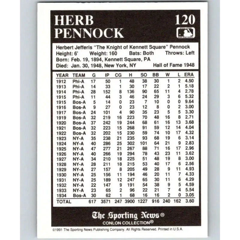 1991 Conlon Collection #120 Herb Pennock EX Excellent New York Yankees Baseball Card - Baseball Card Single