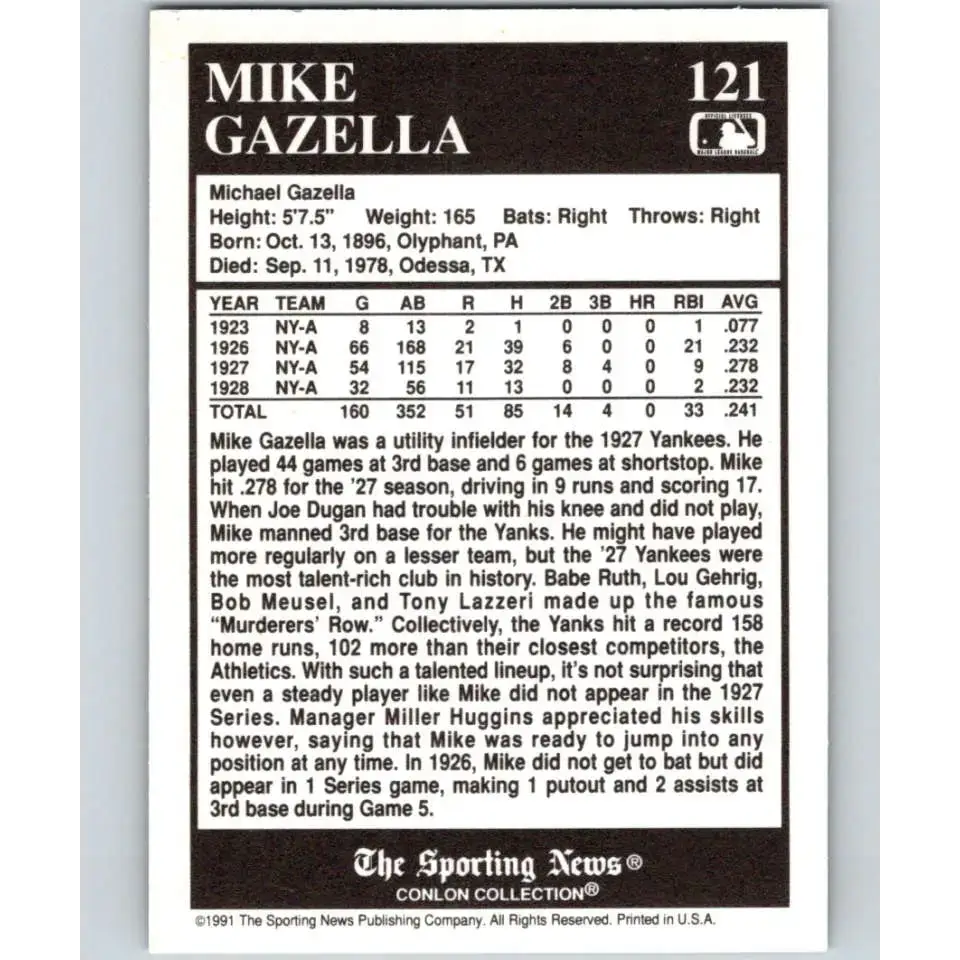 1991 Conlon Collection #121 Mike Gazella EX Excellent New York Yankees Baseball Card - Baseball Card Single