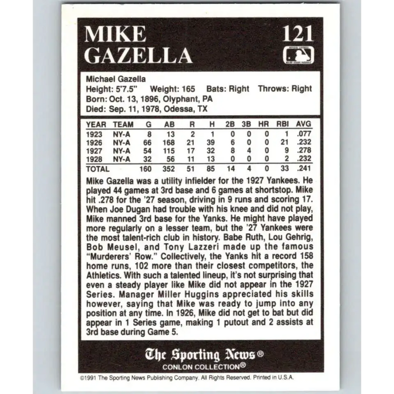 1991 Conlon Collection #121 Mike Gazella EX Excellent New York Yankees Baseball Card - Baseball Card Single