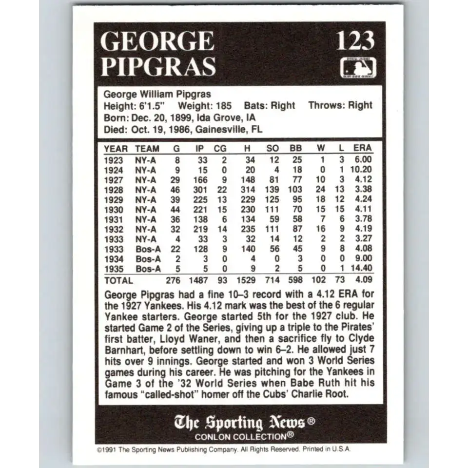 1991 Conlon Collection #123 George Pipgras EX Excellent New York Yankees Baseball Card - Baseball Card Single