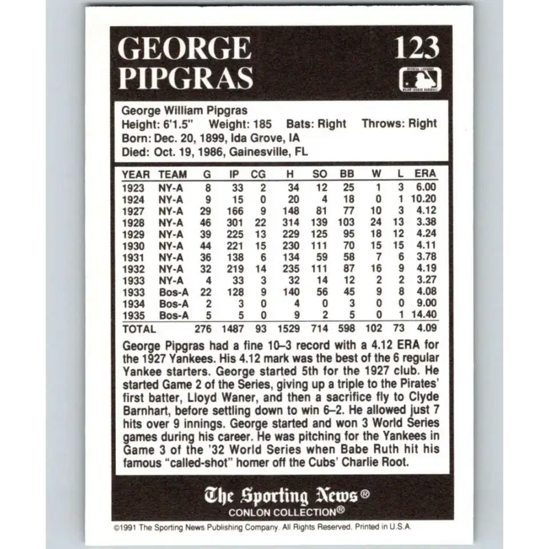 1991 Conlon Collection #123 George Pipgras EX Excellent New York Yankees Baseball Card - Baseball Card Single