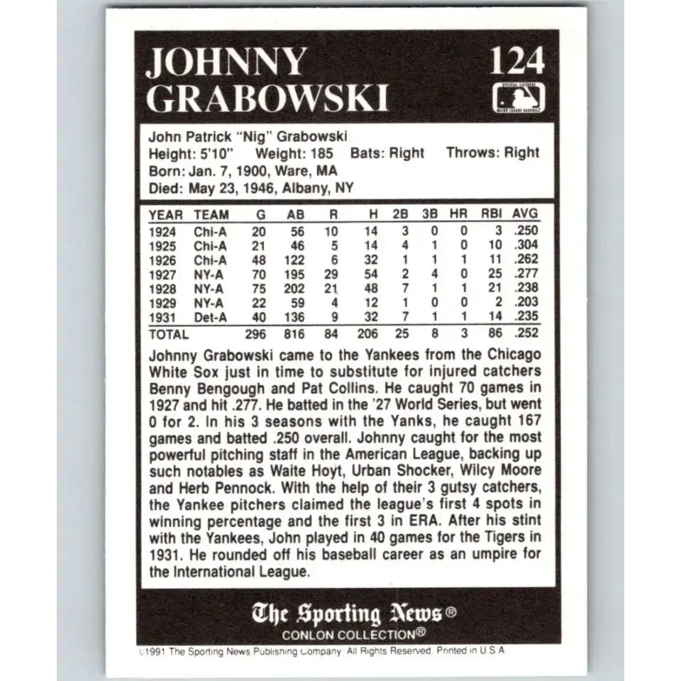 1991 Conlon Collection #124 Johnny Grabowski EX Excellent New York Yankees Baseball Card - Baseball Card Single