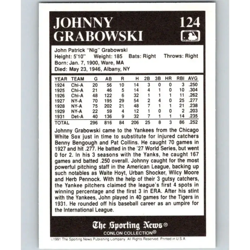 1991 Conlon Collection #124 Johnny Grabowski EX Excellent New York Yankees Baseball Card - Baseball Card Single