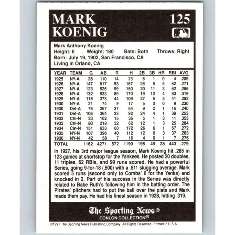 1991 Conlon Collection #125 Mark Koenig EX Excellent New York Yankees Baseball Card - Baseball Card Single