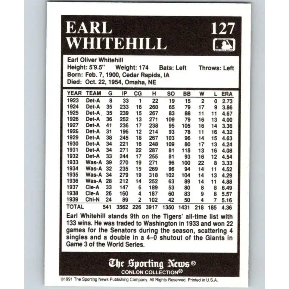 1991 Conlon Collection #127 Earl Whitehill EX Excellent Detroit Tigers Baseball Card - Baseball Card Single
