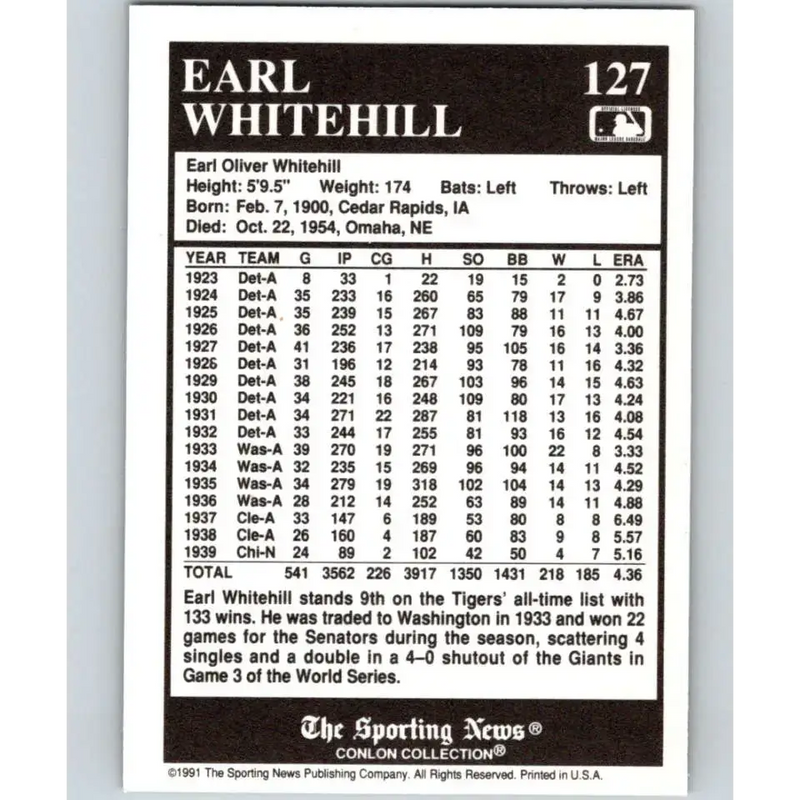 1991 Conlon Collection #127 Earl Whitehill EX Excellent Detroit Tigers Baseball Card - Baseball Card Single