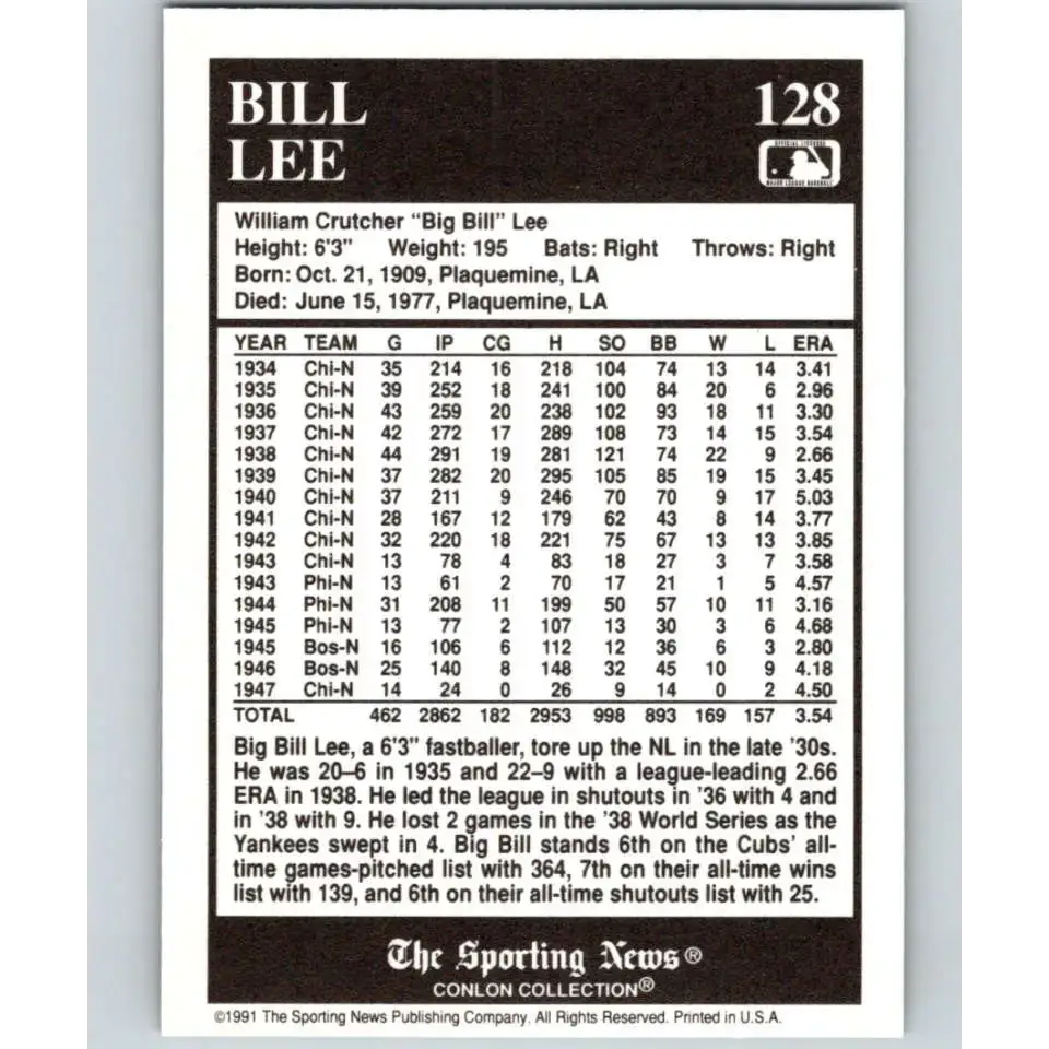 1991 Conlon Collection #128 Bill Lee EX Excellent Chicago Cubs Baseball Card - Baseball Card Single