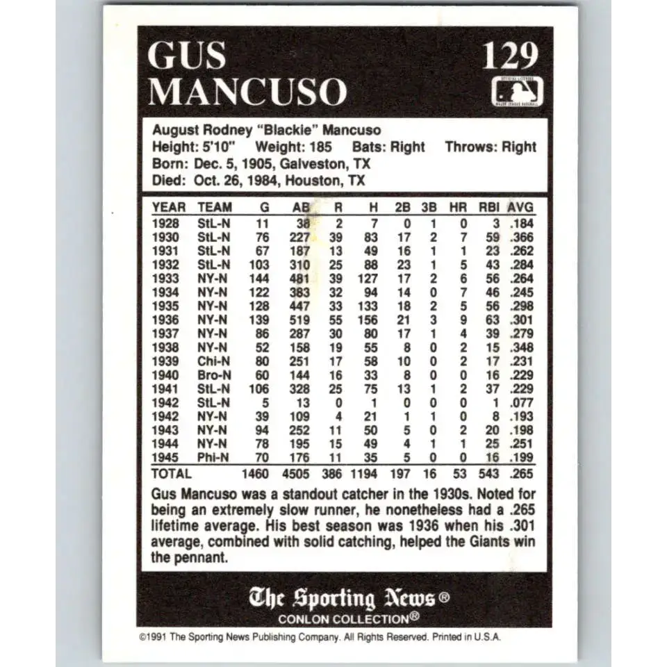 1991 Conlon Collection #129 Gus Mancuso EX Excellent New York Giants Baseball Card - Baseball Card Single