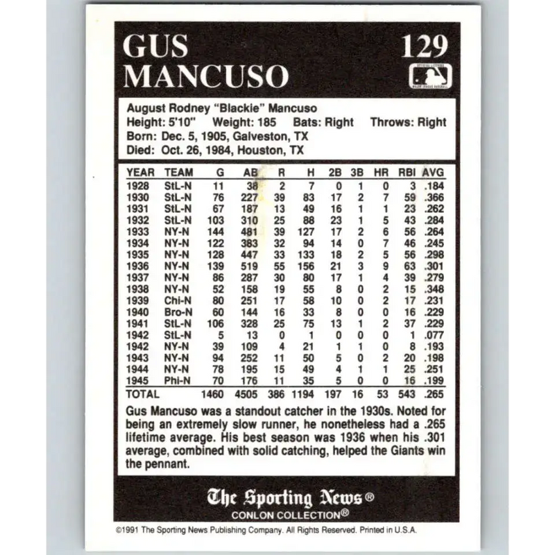 1991 Conlon Collection #129 Gus Mancuso EX Excellent New York Giants Baseball Card - Baseball Card Single