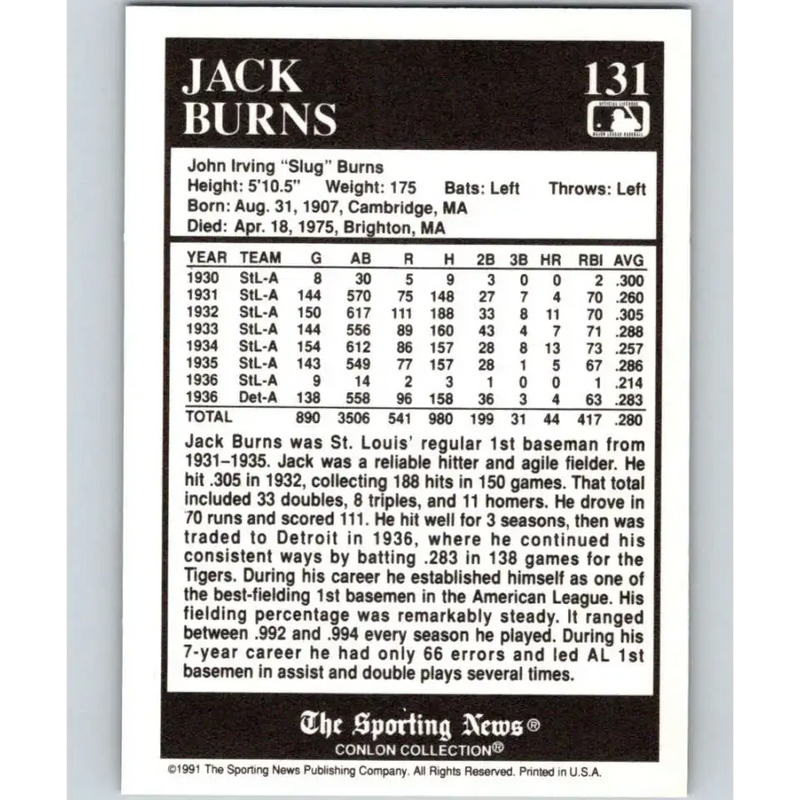1991 Conlon Collection #131 Jack Burns EX Excellent St. Louis Browns Baseball Card - Baseball Card Single