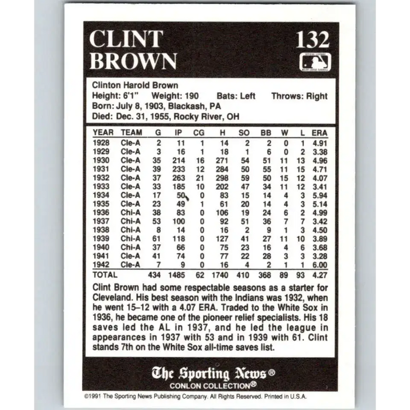 1991 Conlon Collection #132 Clint Brown EX Excellent Chicago White Sox Baseball Card - Baseball Card Single