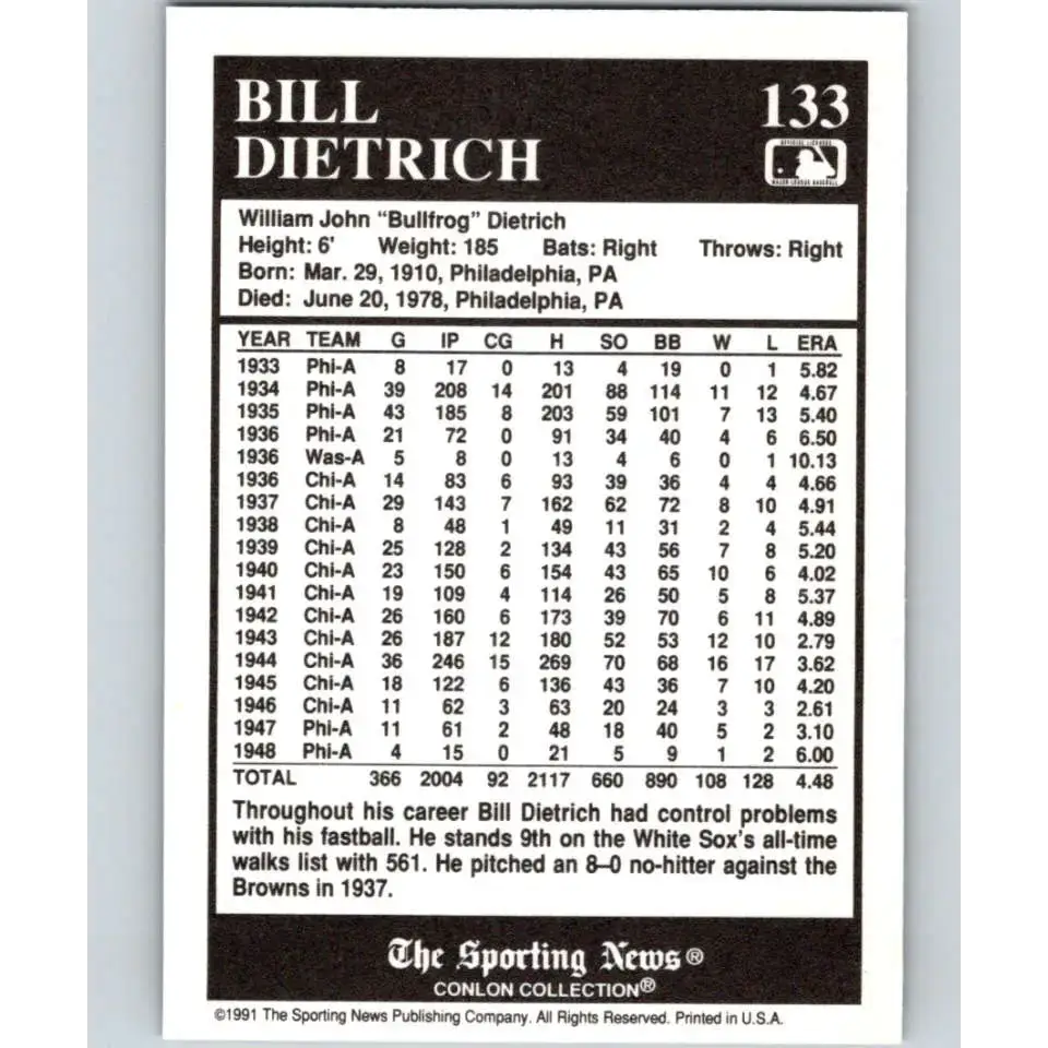 1991 Conlon Collection #133 Bill Dietrich EX Excellent Chicago White Sox Baseball Card - Baseball Card Single
