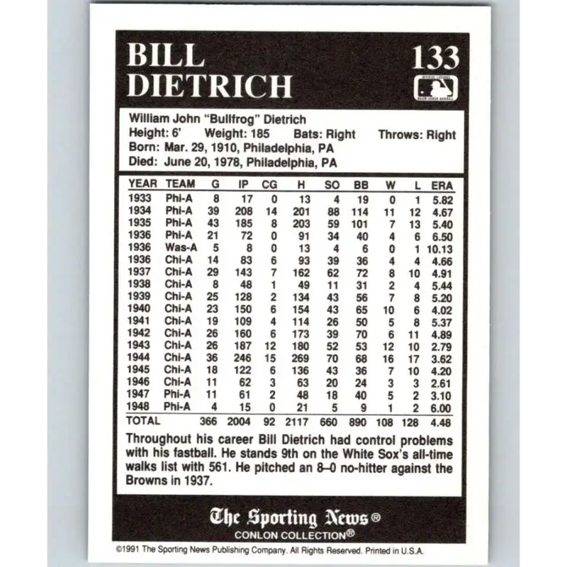 1991 Conlon Collection #133 Bill Dietrich EX Excellent Chicago White Sox Baseball Card - Baseball Card Single