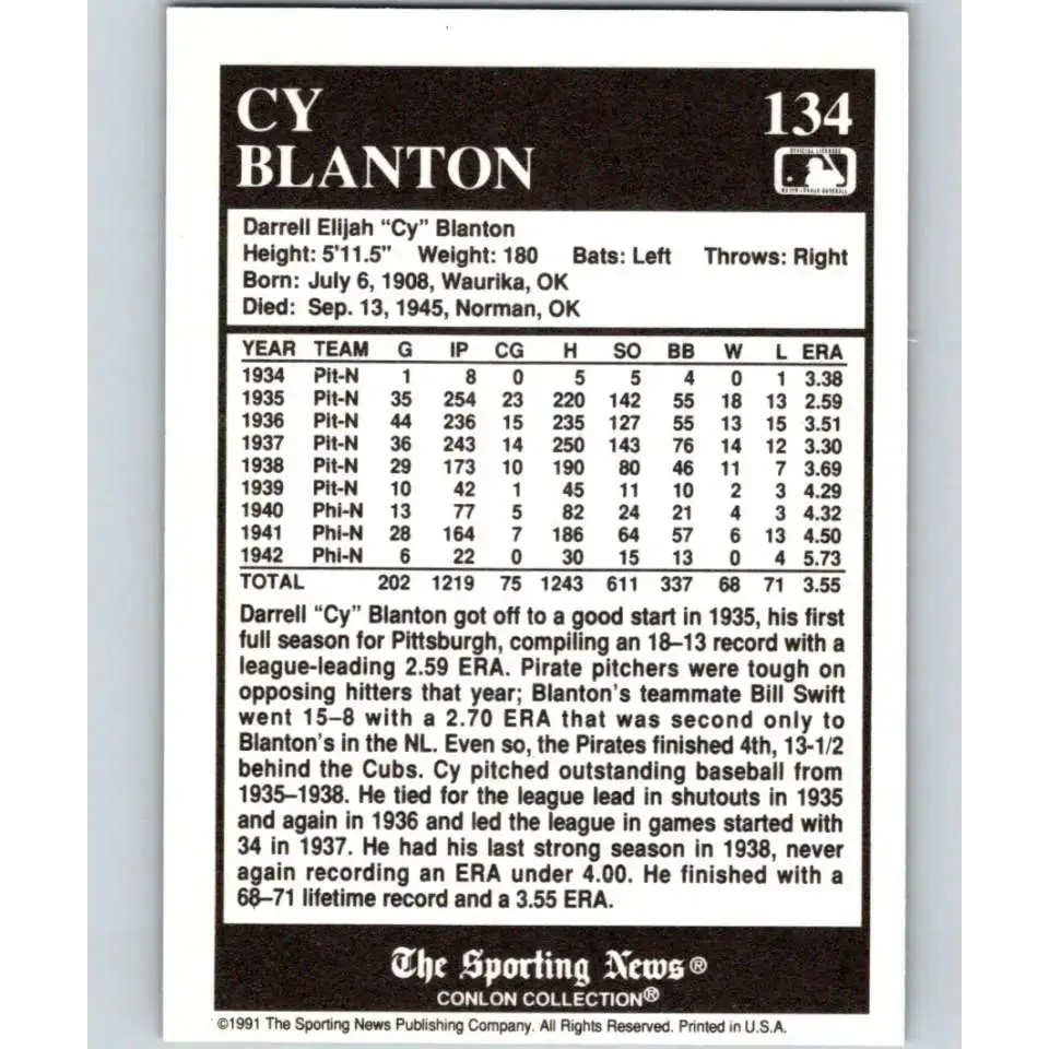 1991 Conlon Collection #134 Cy Blanton EX Excellent Pittsburgh Pirates Baseball Card - Baseball Card Single