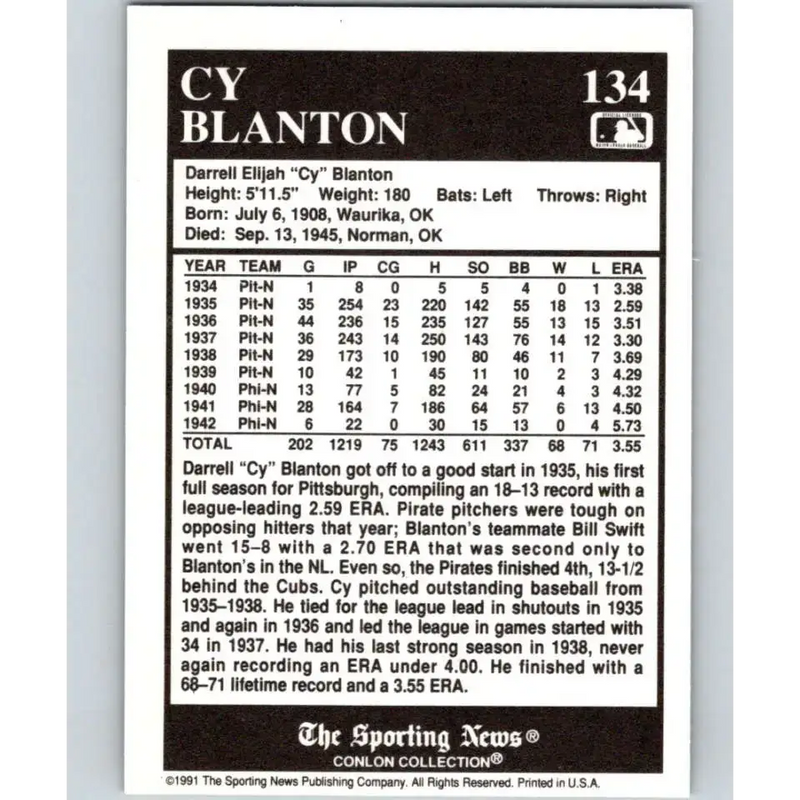 1991 Conlon Collection #134 Cy Blanton EX Excellent Pittsburgh Pirates Baseball Card - Baseball Card Single