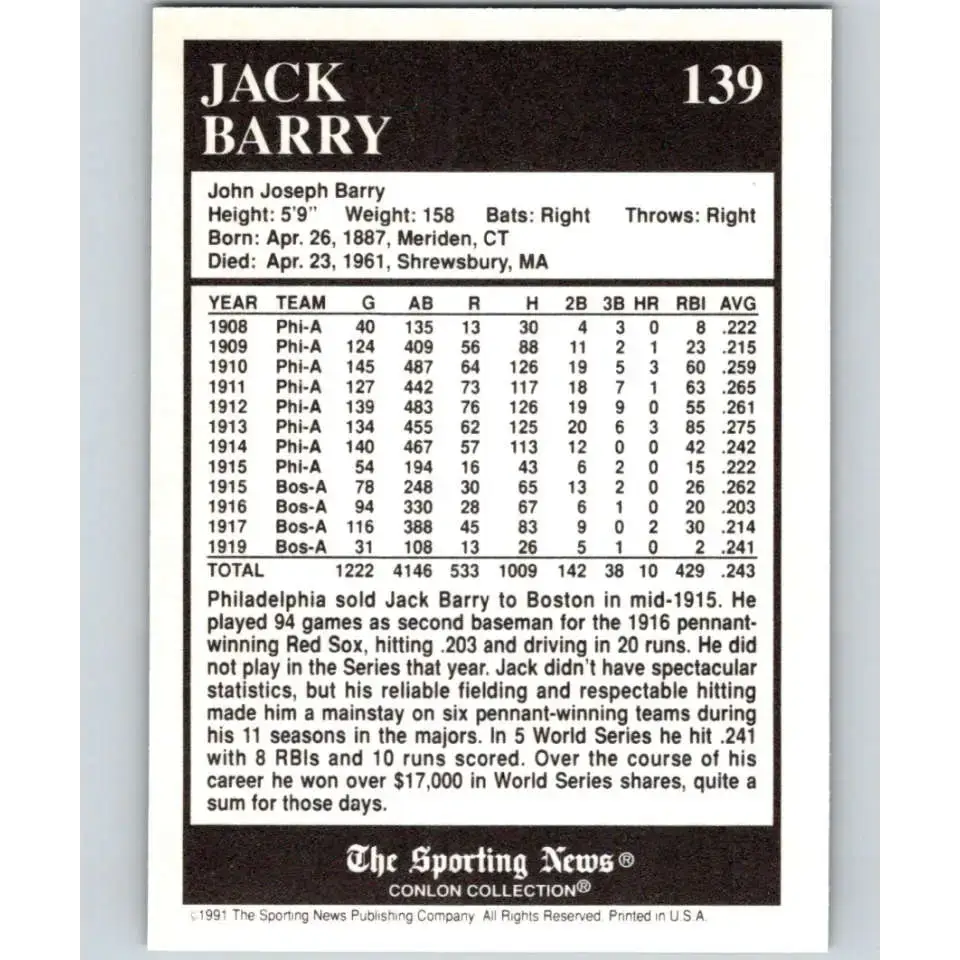1991 Conlon Collection #139 Jack Barry EX Excellent Boston Red Sox Baseball Card - Baseball Card Single