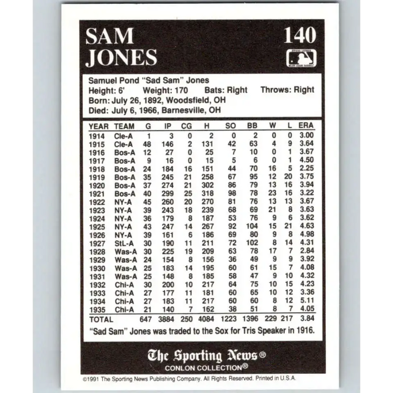 1991 Conlon Collection #140 Sad Sam Jones EX Excellent Boston Red Sox Baseball Card - Baseball Card Single