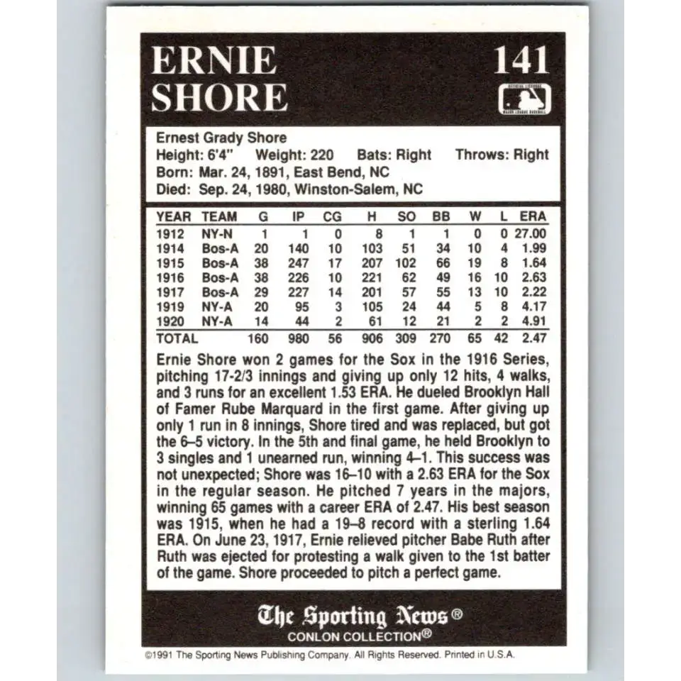 1991 Conlon Collection #141 Ernie Shore EX Excellent Boston Red Sox Baseball Card - Baseball Card Single