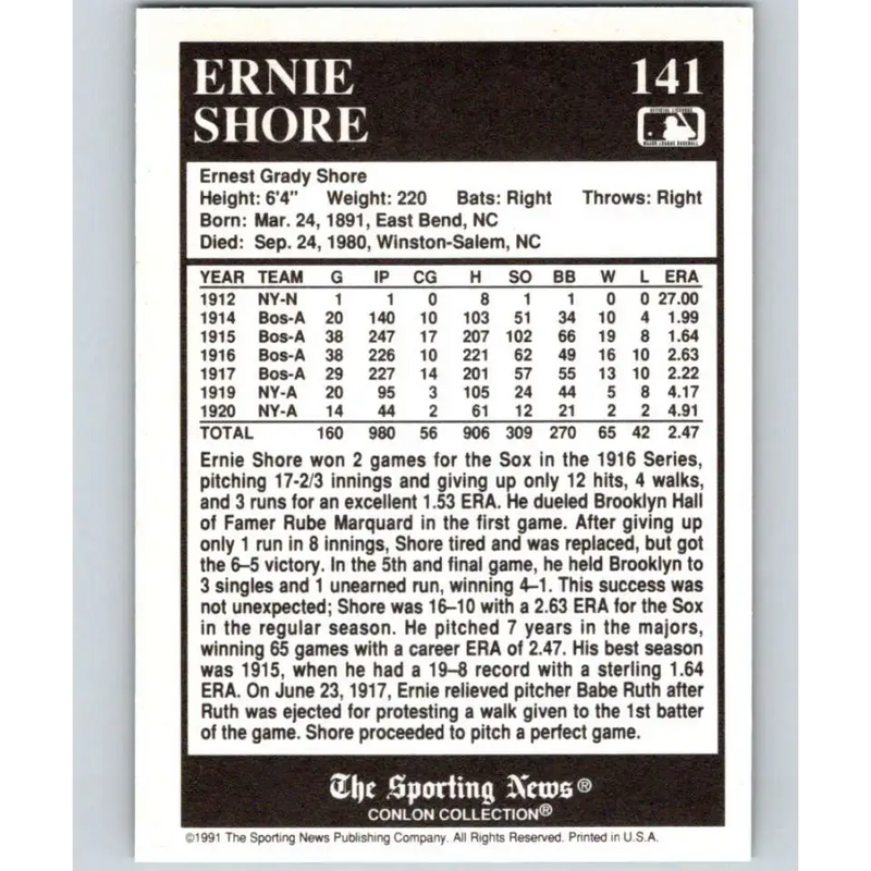 1991 Conlon Collection #141 Ernie Shore EX Excellent Boston Red Sox Baseball Card - Baseball Card Single