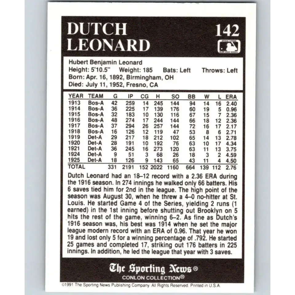 1991 Conlon Collection #142 Dutch Leonard EX Excellent Boston Red Sox Baseball Card - Baseball Card Single