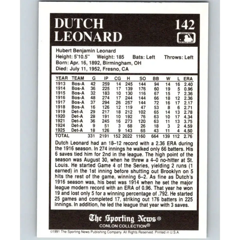 1991 Conlon Collection #142 Dutch Leonard EX Excellent Boston Red Sox Baseball Card - Baseball Card Single
