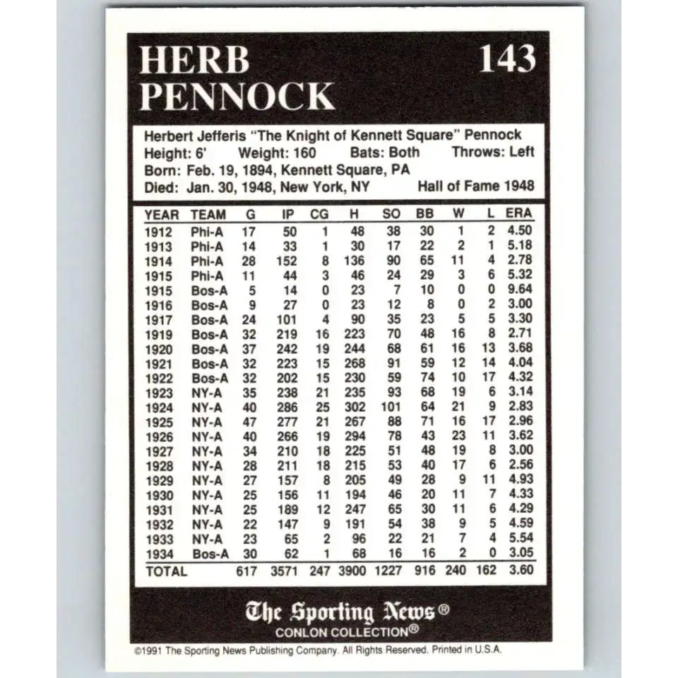 1991 Conlon Collection #143 Herb Pennock EX Excellent Boston Red Sox Baseball Card - Baseball Card Single