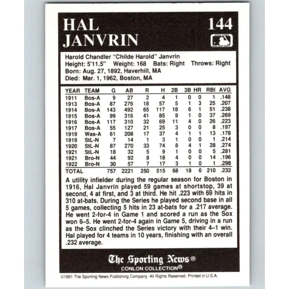 1991 Conlon Collection #144 Hal Janvrin EX Excellent Boston Red Sox Baseball Card - Baseball Card Single