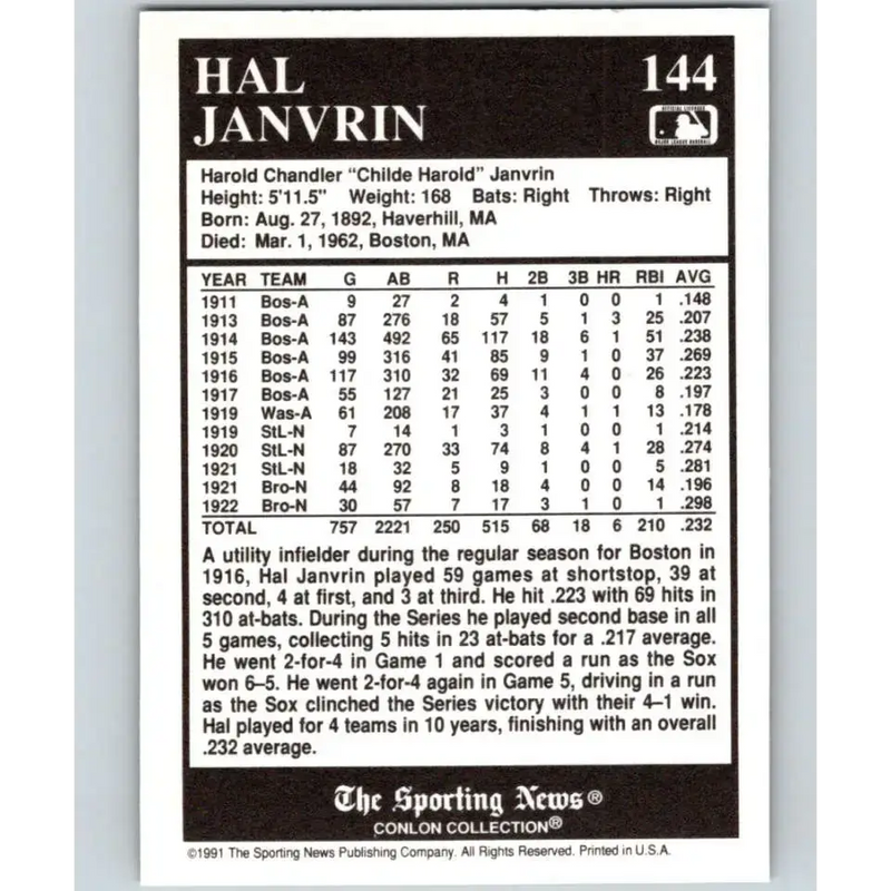 1991 Conlon Collection #144 Hal Janvrin EX Excellent Boston Red Sox Baseball Card - Baseball Card Single
