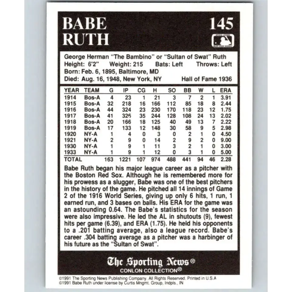 1991 Conlon Collection #145 Babe Ruth EX Excellent Boston Red Sox Baseball Card - Baseball Card Single