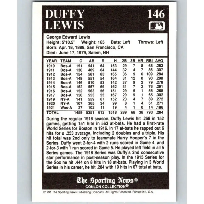 1991 Conlon Collection #146 Duffy Lewis EX Excellent Boston Red Sox Baseball Card - Baseball Card Single