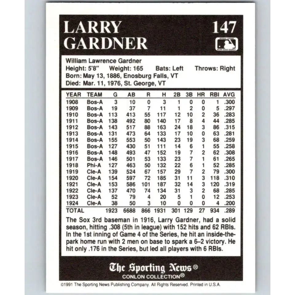1991 Conlon Collection #147 Larry Gardner EX Excellent Boston Red Sox Baseball Card - Baseball Card Single
