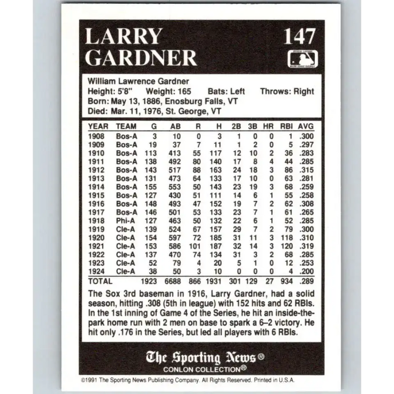 1991 Conlon Collection #147 Larry Gardner EX Excellent Boston Red Sox Baseball Card - Baseball Card Single