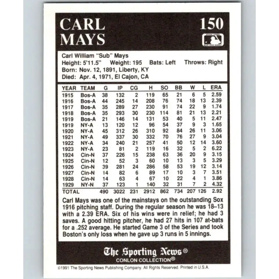1991 Conlon Collection #150 Carl Mays EX Excellent Boston Red Sox Baseball Card - Baseball Card Single