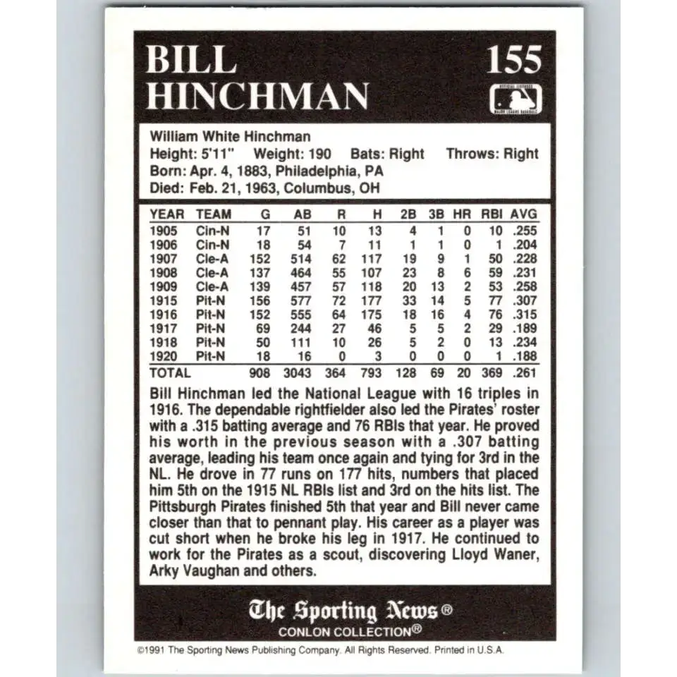 1991 Conlon Collection #155 Bill Hinchman EX Excellent Pittsburgh Pirates Baseball Card - Baseball Card Single