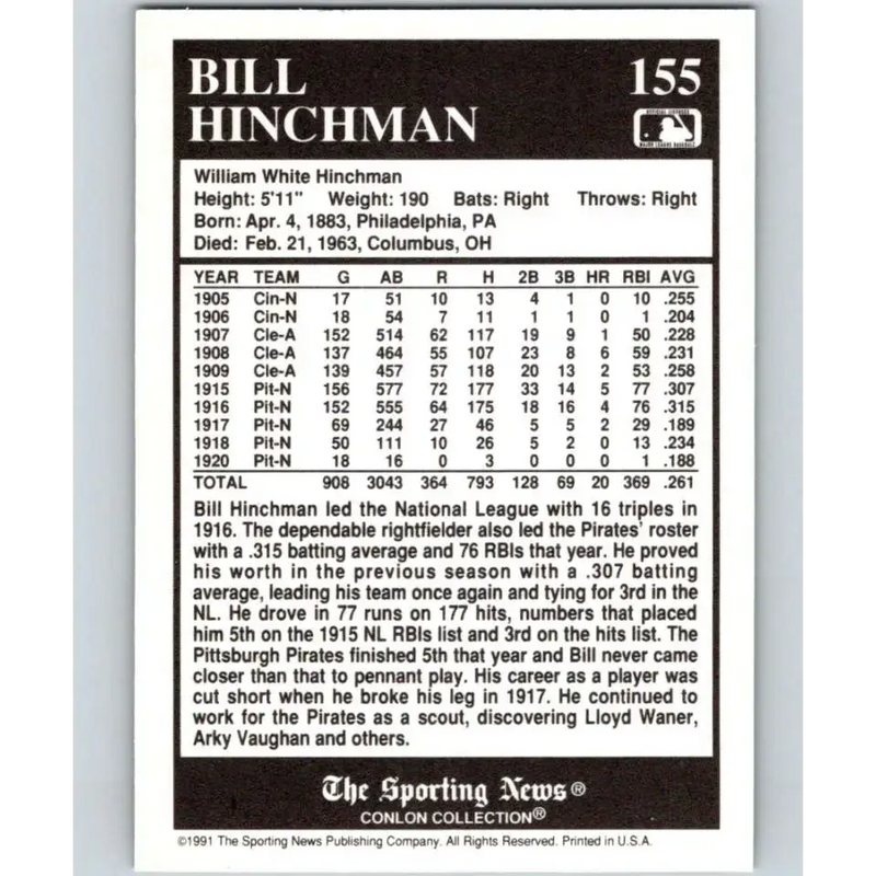 1991 Conlon Collection #155 Bill Hinchman EX Excellent Pittsburgh Pirates Baseball Card - Baseball Card Single
